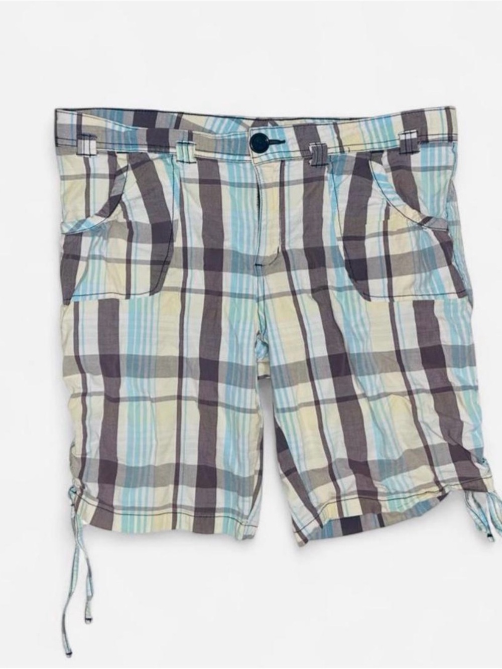 Bugle Boy Plaid Flat Front Shorts in Blue, Gray & Cream
